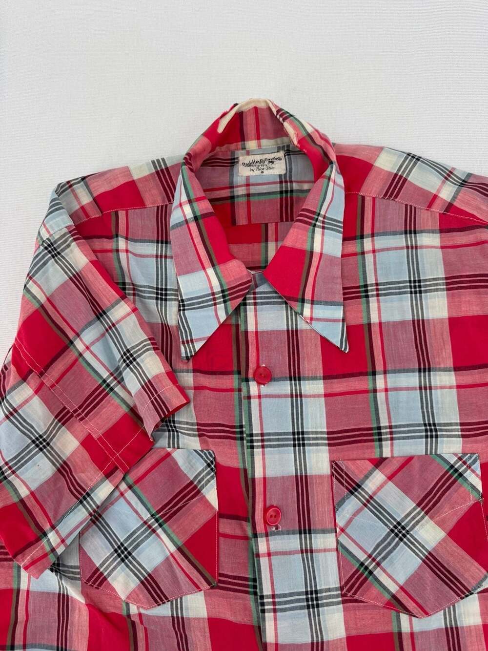 Paddle & Saddle Plaid Shirt Size 15-15.5 Red Blue Short Sleeve Vintage